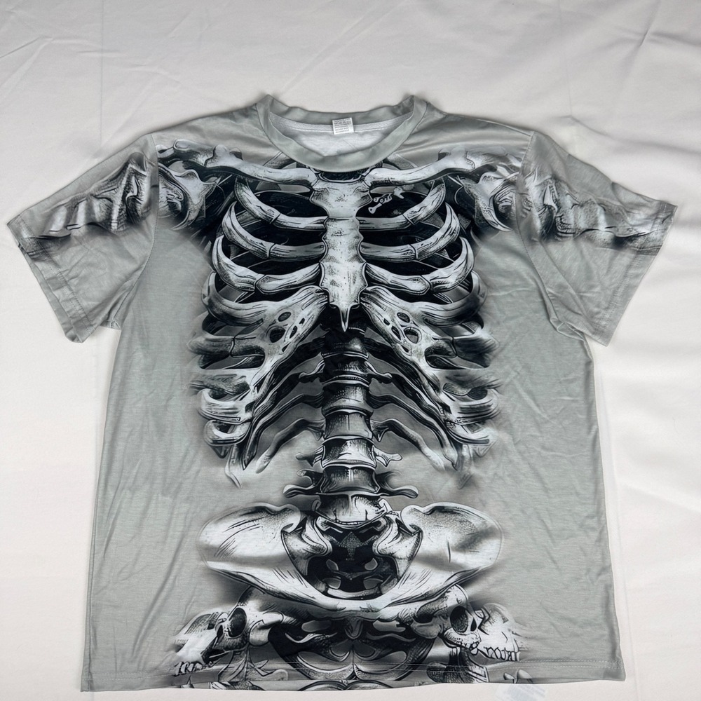 Skeleton Graphic T-Shirt Grey Black 3D Rib Cage Anatomical Print Mens XL